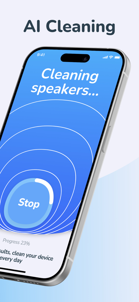 Water Eject・Speaker Cleaner AI - Smartphone screen showing the AI cleaning process of the Water Eject app