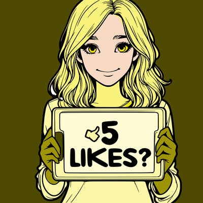 a realistic girl holding a sign saying 5 likes?
