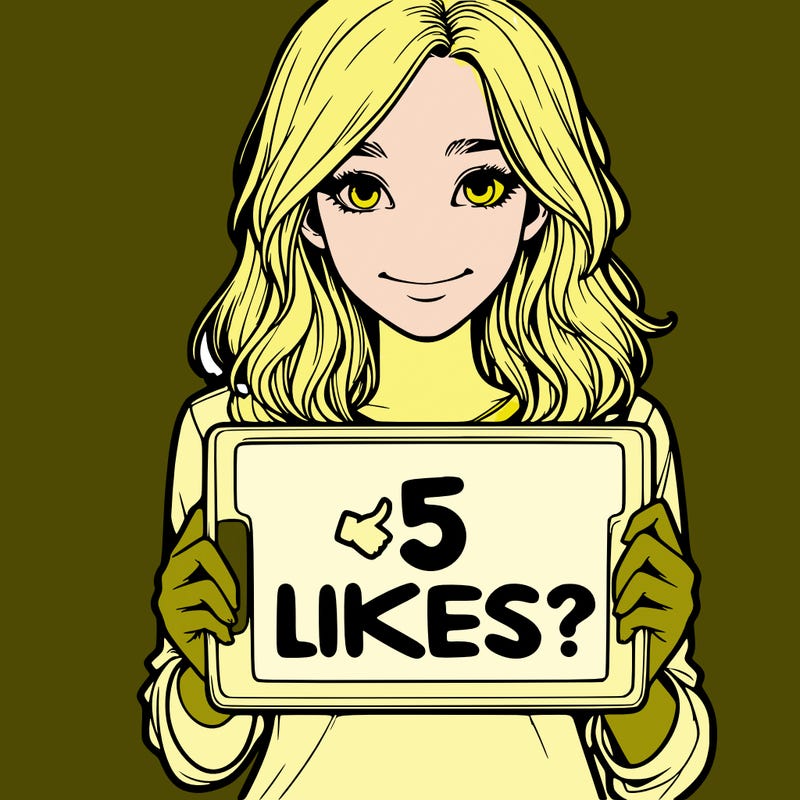 a realistic girl holding a sign saying 5 likes?