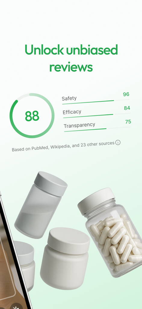 Prove It - Supplement Scanner - App-Oberfläche, die wissenschaftliche Sicherheits- und Wirksamkeitsbewertungen für Nahrungsergänzungsmittel anzeigt