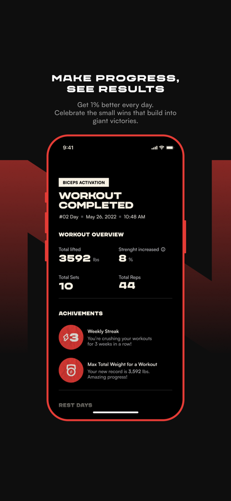 Pump Club app workout summary screen displaying total weight lifted and strength gains