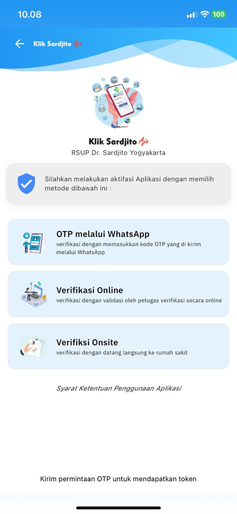 Klik Sardjito Aja app activation screen showing options for WhatsApp OTP online verification and onsite verification