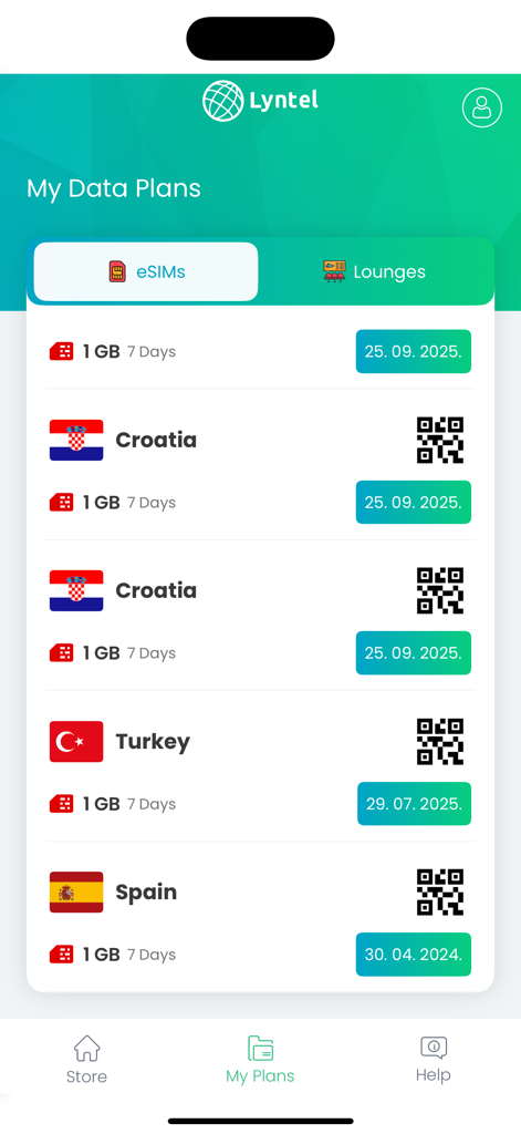 Lyntel eSIM - Lyntel eSIM app My Plans screen showing international data packages for Croatia Turkey and Spain