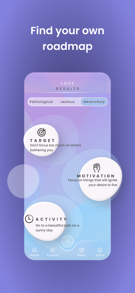 Self Therapy: ADHD Cbt i Coach - モチベーションとアクティビティの提案を含む、パーソナライズされたメンタルヘルス・ロードマップが表示されたセルフセラピーアプリのインターフェース。