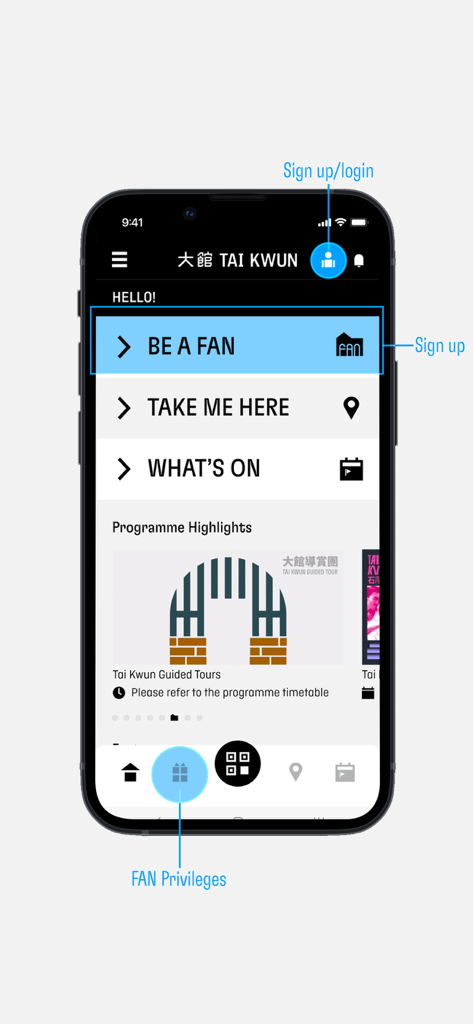 Tai Kwun - Tai Kwun mobile app home screen showing navigation menu with options like Be A Fan and Whats On