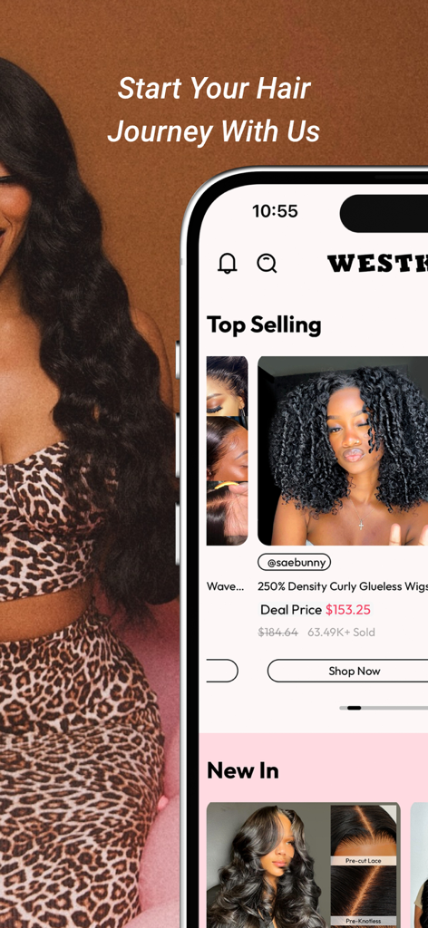 Westkiss Hair mobile app showing top selling glueless curly wigs and hair extensions