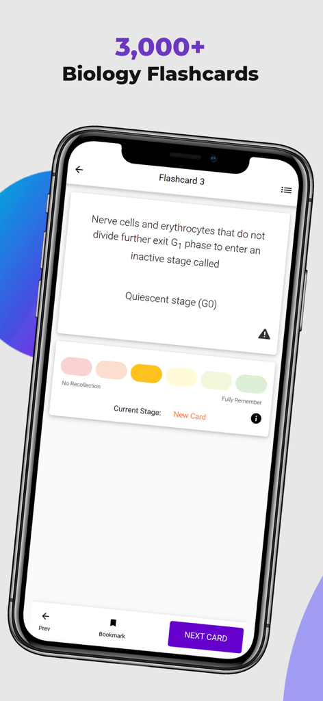 A smartphone displaying a biology flashcard on the NEET Prep App by Darwin showing a question about the quiescent stage in cell division.