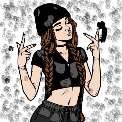 realistic teenage girl with braids and a beanie and crop top doing 🫶🏼