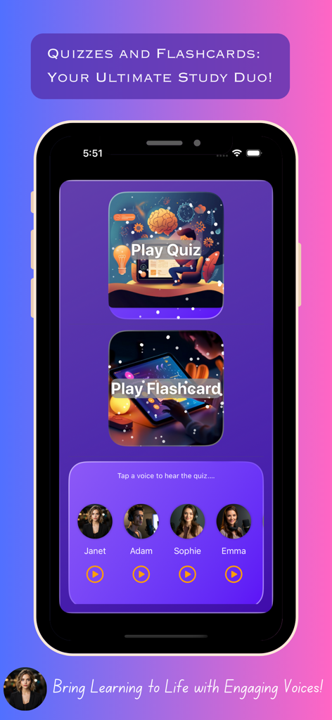 AI Quiz Maker: Flashcards - Pantalla de la aplicación AI Quiz Maker que muestra opciones para reproducir cuestionarios y tarjetas de memoria con una selección de voces de IA para estudio guiado por audio
