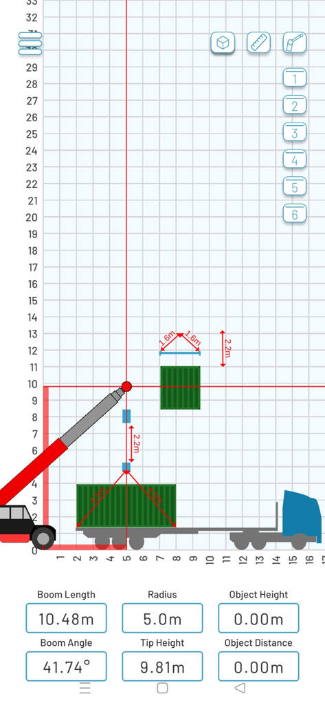 Crangle - Crangle app interface showing a crane lift simulation on a range chart with technical measurements for boom length and radius