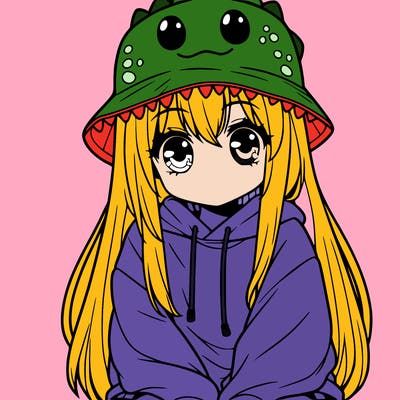 girl with anime shaped eyes with a dinosaur bucket hat oversized sweatshirt long straight hair