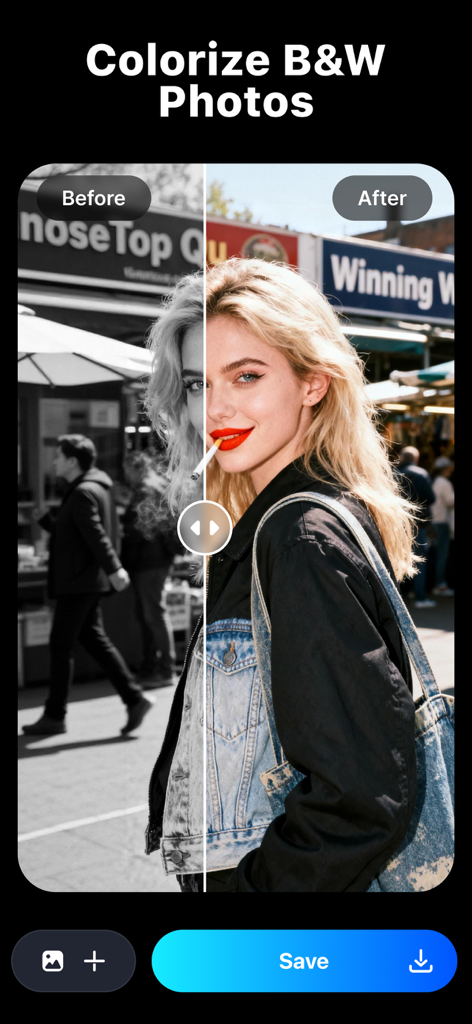 Repairit - AI Photo Enhancer - Side by side comparison of a black and white photo restored to color with Repairit AI