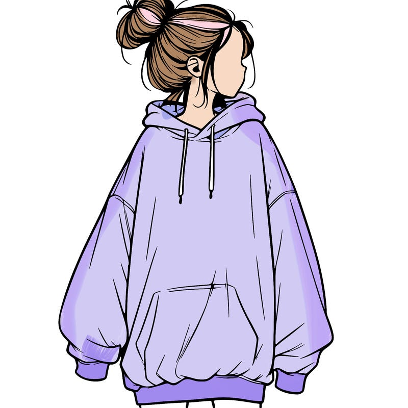 realistic girl with a oversized sweatshirt on and a bun