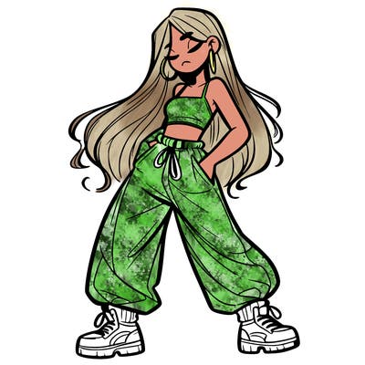 girl in baggy pants crop top and long hair