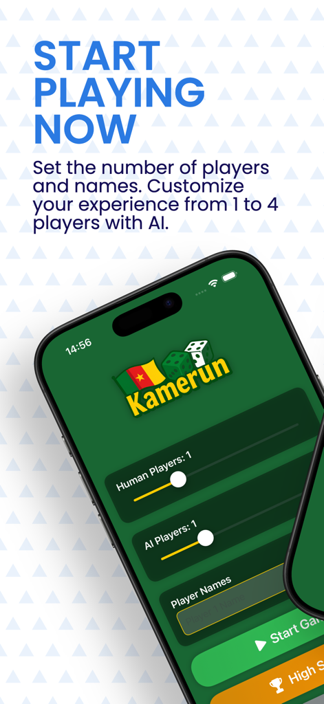 Kamerun: The Dice Yatzy Game - Kamerunサイコロゲームの起動画面、人間とAIプレイヤーを選択するオプション付き