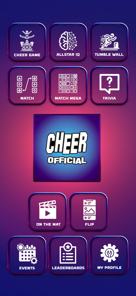 CHEER Official 3D - Main menu of the CHEER Official 3D app featuring icons for various game modes and features like Cheer Game and Trivia