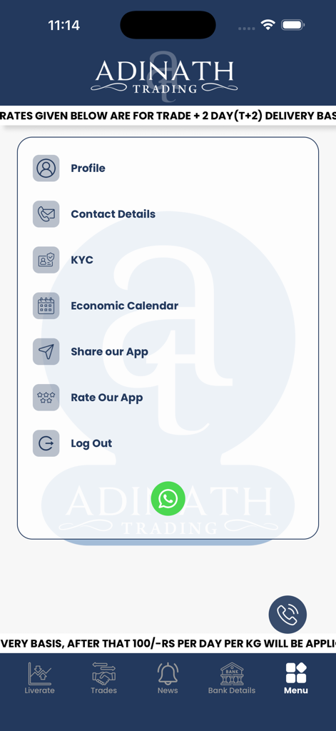 Adinath Jewellers - Menu interface of the Adinath Jewellers app showing options for profile, KYC, and economic calendar.