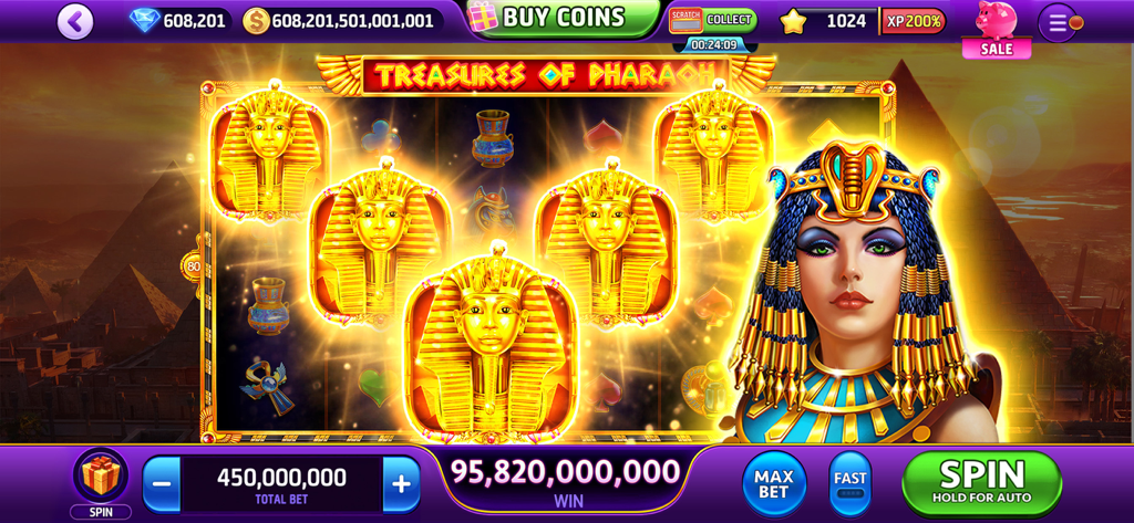 Cash Carnival - Casino Slots - A massive win on the Treasures of Pharaoh slot machine within the Cash Carnival app showing Egyptian themed symbols and graphics