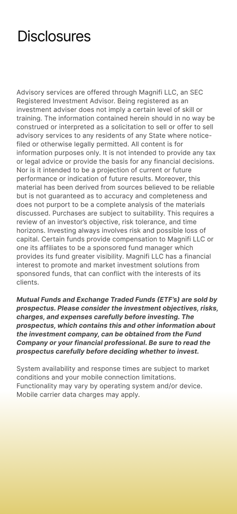 Magnifi: Invest with AI - A screen displaying legal disclosures and investment risk information for the Magnifi AI investing app.