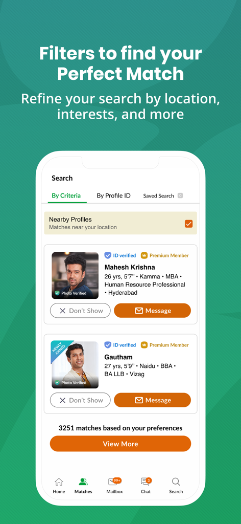 Telugu Matrimony-Matrimony App - A screenshot of the Telugu Matrimony app showing search results with verified profiles and filters for location and interests.