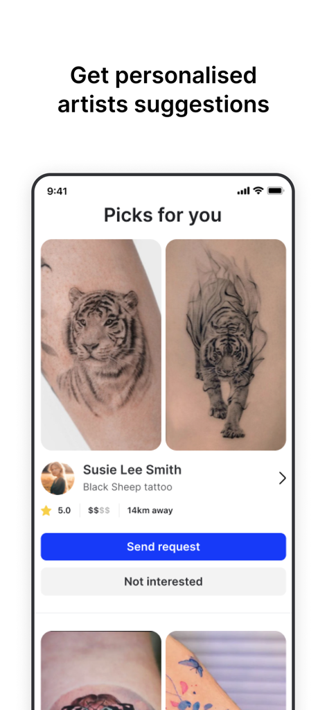 Capture d'écran de l'application Tattoodo montrant des recommandations d'artistes personnalisées avec des designs de tatouage de tigre et des détails sur le profil de l'artiste.
