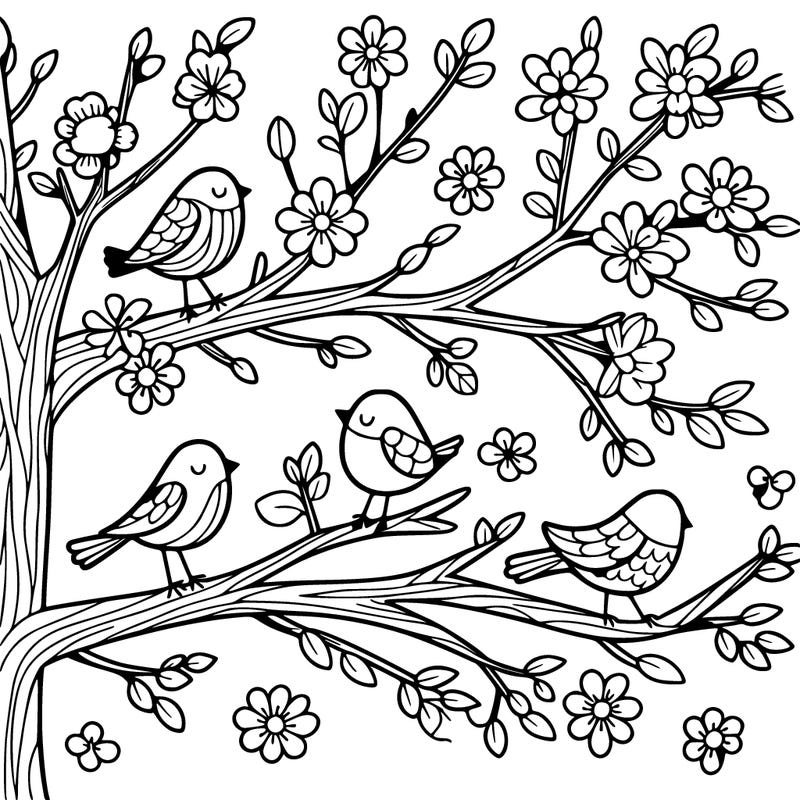 tree branches with birds and flowers