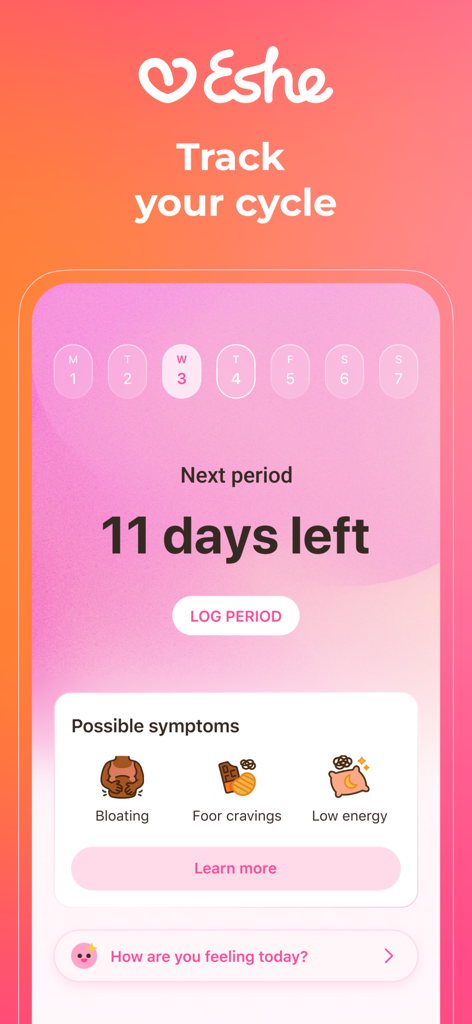 Eshe: Cycle, Health & AI guide - Eshe app screen for tracking menstrual cycles and logging symptoms like bloating and cravings