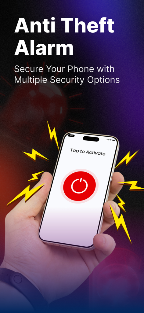 Anti Theft Phone Alarm - Hand holding an iPhone with the Anti Theft Alarm app interface showing a large red activation button
