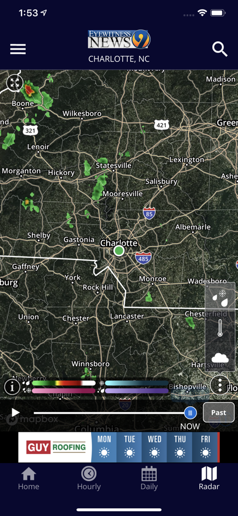 A live interactive weather radar map of Charlotte North Carolina within the WSOC-TV Channel 9 weather app.