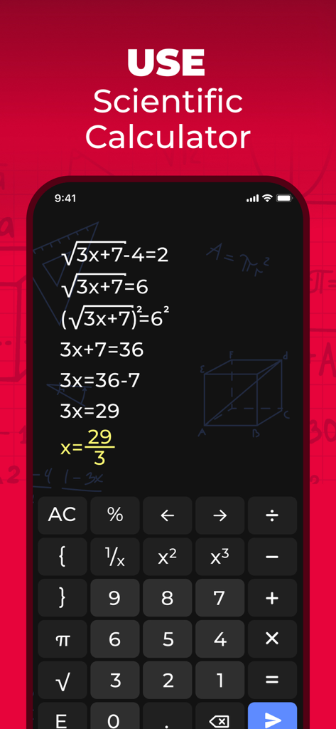 Scientific calculator interface showing a step by step math problem solution