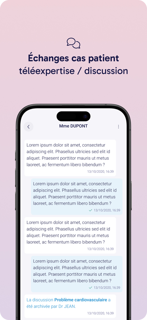 Medaviz mobile app screen showing a secure messaging interface for medical tele-expertise and patient case discussion