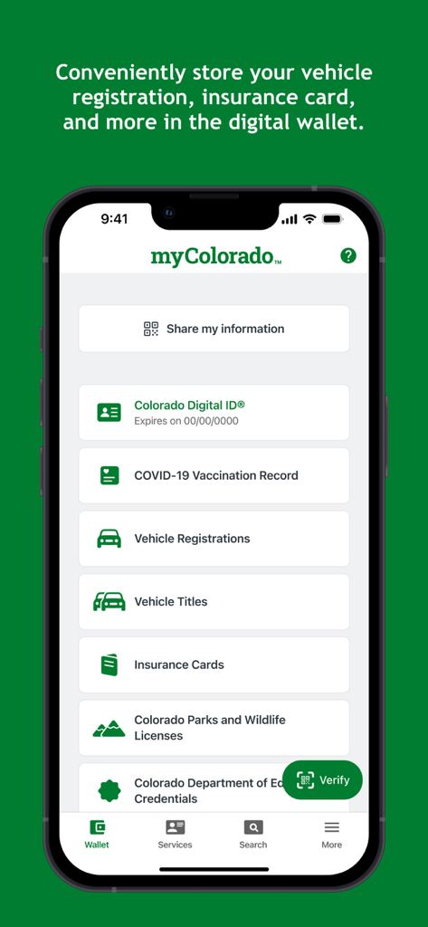 Interface da carteira digital do aplicativo myColorado mostrando ID digital e documentos estaduais