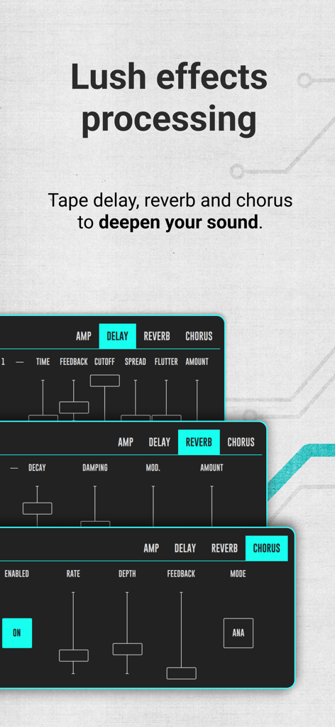 DRC - Polyphonic Synthesizer - Interface of the DRC Polyphonic Synthesizer app showing adjustable sliders for delay, reverb, and chorus effects.