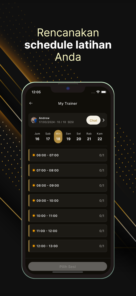 Nest Gym - Interface of the Nest Gym app displaying a personal trainer booking screen with available time slots and a workout calendar