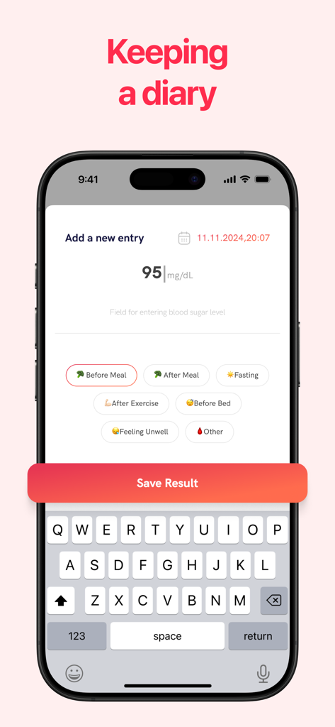 Interfaz de aplicación móvil para registrar niveles de azúcar en sangre con etiquetas personalizadas para ayunas y comidas