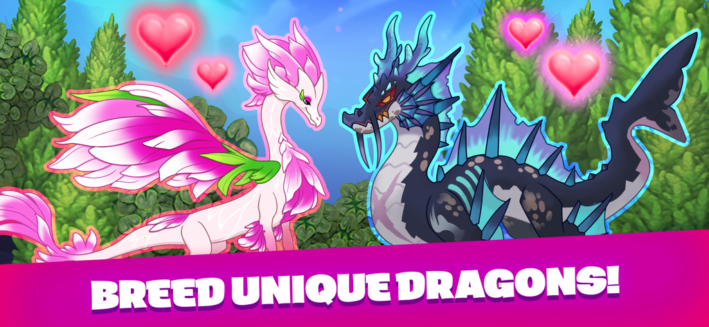 DragonVale - Breed Dragons - 緑豊かなファンタジーの森の環境で、繁殖を示すハートのシンボルが付いた2匹のカラフルな神話のドラゴン。