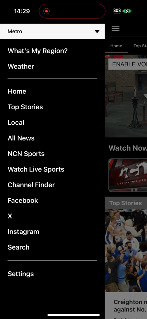 Side navigation menu of the News Channel Nebraska app showing links to weather, local news, and sports categories.