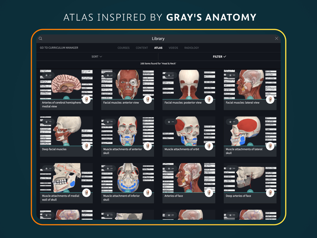 Complete Anatomy for iPad - Grays Anatomy에서 영감을 얻은 머리와 목 해부학 도표 라이브러리를 보여주는 iPad용 Complete Anatomy 인터페이스.