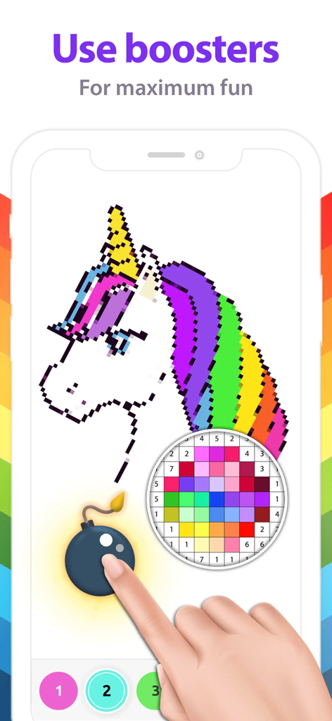Unicorn Color by Number + - A hand using a bomb booster to color a unicorn pixel art image in the app