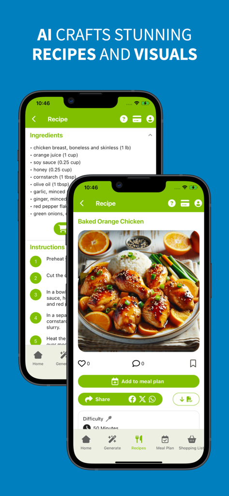 AI-Chef mobile app displaying a recipe for Baked Orange Chicken with detailed ingredients and AI generated visuals