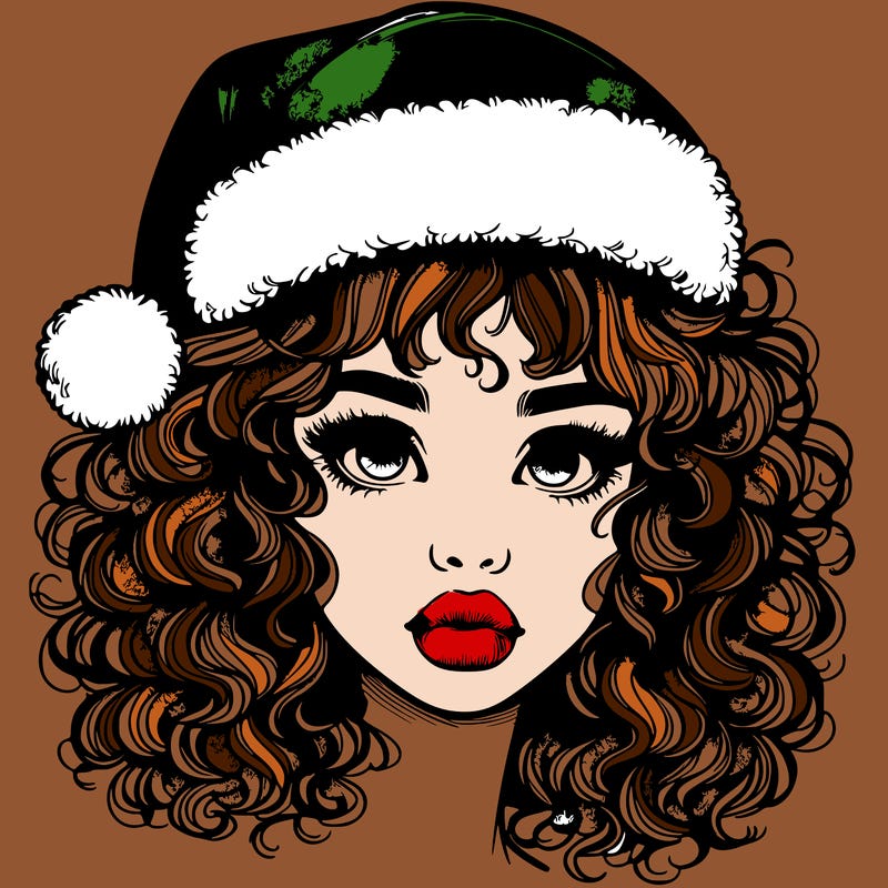 realistic girl with a santa hat curly hair and lips