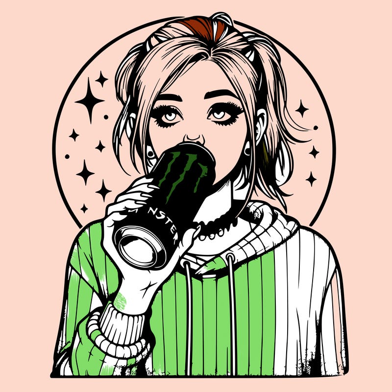 realistic girl drinking monster energy drink