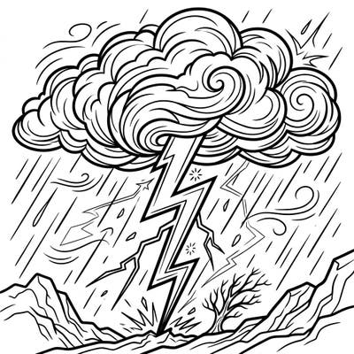 Witness the raw power of nature with this dynamic cloud-to-ground lightning coloring page, perfect for bringing a dramatic storm scene to life. Capture the intensity of a thunderbolt striking the earth, surrounded by swirling clouds and falling rain.