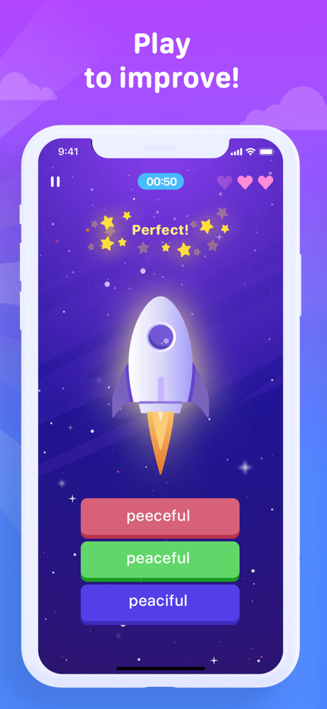 Spelling Bee app interface showing a multiple choice spelling quiz with a rocket and space theme