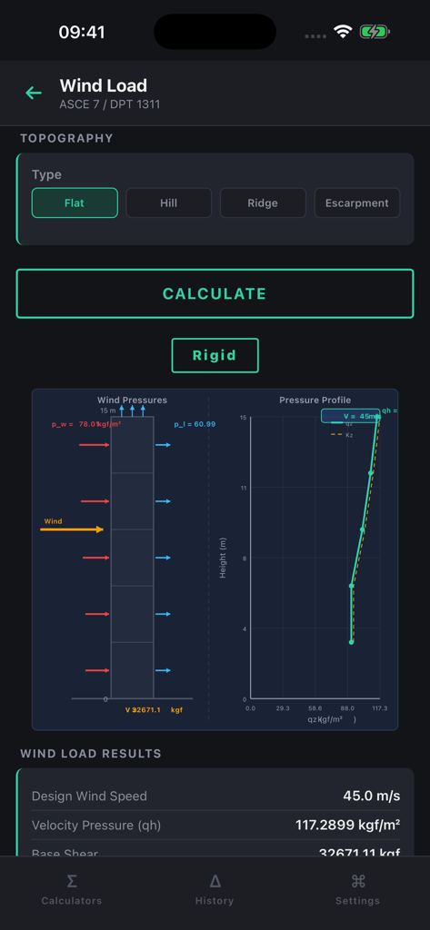 VerCivil: Structural Engineer - Interface of the VerCivil structural engineering app showing wind load results and pressure profile diagrams