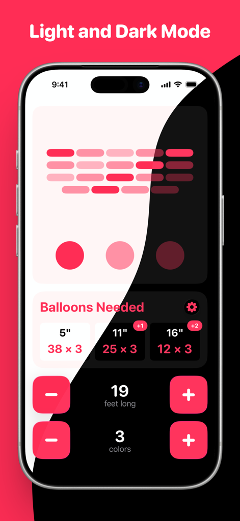 Balloon Calculator - Captura de pantalla de la aplicación Calculadora de Globos que muestra su interfaz dividida entre temas de modo claro y oscuro