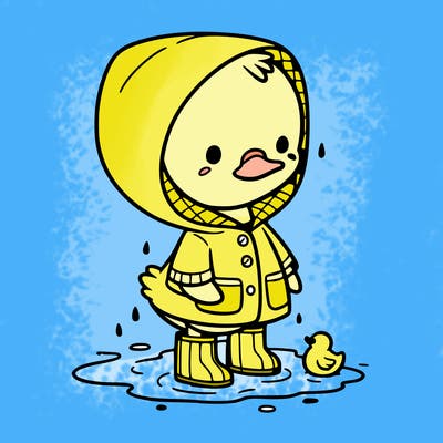 baby duck in a rain coat and boots, in a puddle while it’s raining