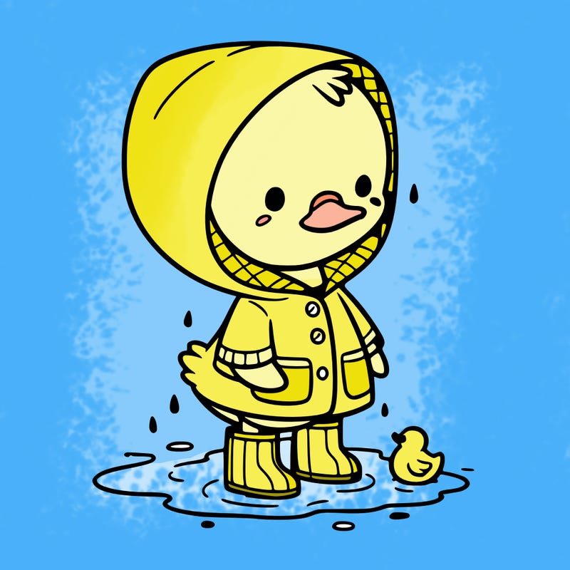 baby duck in a rain coat and boots, in a puddle while it’s raining