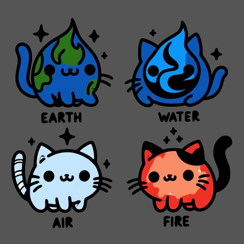 4 cats that represent the different elements, earth, water, air, and fire