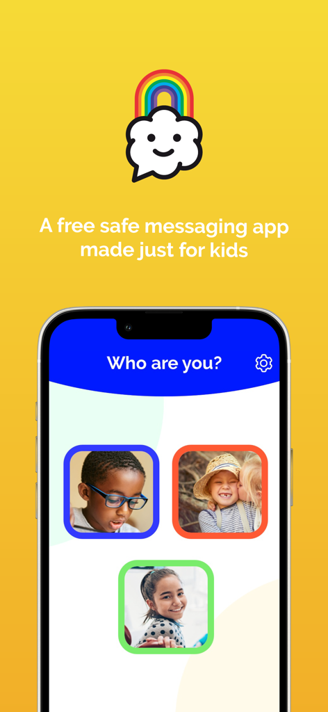 kChat Messenger - chat safely - kChat Messenger app interface showing a profile selection screen for kids with a yellow background and friendly cloud logo